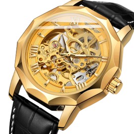 FORSINING Mens Automatic Mechanical Dodecagon Skeleton Roman Numerals Genuine Leather Band Tourbillon Watch Silver Black Classic