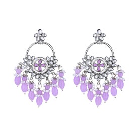 I Jewels Silver Plated Indian Wedding Bollywood Handcrafted Kundan Pearl Chandbali Dangle Earrings for Women (E3222ZPu), No Gemstone