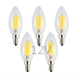 OPALRAY 12V/24V DC LED Candle Bulb, Dimmable with 12V DC Dimmer, 4W 400Lm, 2700K Warm White Light, E12 Small Base, Clear Glass Torpedo Tip, 40W Incandescent Replacement, 12V Power Operated, 5 Pack
