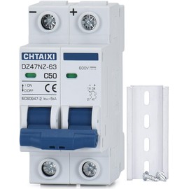 CHTAIXI DC Miniature Circuit Breaker, 2 Pole 600V 50 Amp Isolator for Solar PV System, Thermal Magnetic Trip, DIN Rail Mount DC Disconnect Switch C50