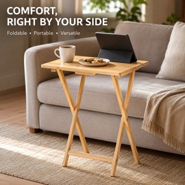 Natural Folding Rubberwood TV Tray Table - Space-Saving Snack & Dining Table for Living Room, Bedroom & Home Use