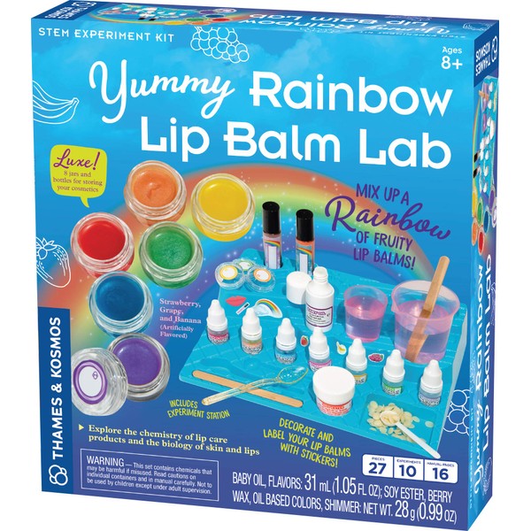 Thames & Kosmos Yummy Rainbow Lip Balm Lab STEM Kit | Make Lip Balms & Glosses in a Rainbow of Colors | Includes Strawberry, Grape, Banana Flavors & Cosmetic Jars | Chemistry & Biology of Skin Care