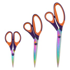 BambooMN Titanium Softgrip Scissors Set for Sewing, Arts, Crafts, Office - Purple w/Orange - 1 Set of 3