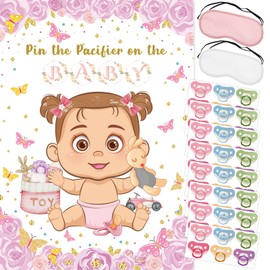 Pin The Pacifier On The Baby Game, Pink Baby Shower Decoration Pin Pacifier on Baby Poster Game with 48 Pacifier Stickers Game for Baby Shower Party Birthday Party Supplies
