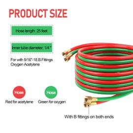 1/4"Oxygen Acetylene Hose 25 Feet Cutting Torch Hose With 9/16"-18 B Fittings fits Welding，Oxygen Acetylene Twin Torch Hose