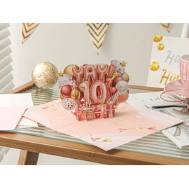 Liif Happy 10th Birthday Card, 10 Years Old Birthday Card, 3D Greeting Pop Up Birthday Card, For Girl, Granddaughter, Pink, Balloons | With Message Note & Envelop | Size 7 x 5 Inch