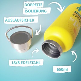 kyds® Trinkflasche Kinder, Thermo Edelstahl Wasserflasche, Isolierflasche, Auslaufsicher, kohlensäure geeignet, BPA-frei, spülmaschinenfest, Trinkflasche für Schule Sport (Rosa Love, 650ml)