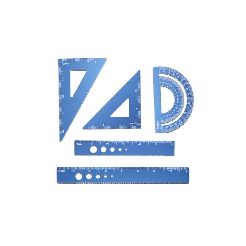 Zotemo Geometry Ruler Set, 5 Pieces, Triangles, Protractor, Metal Aluminum