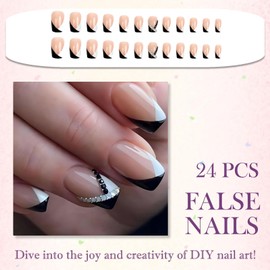 24PCS Black White French Tip Press-on Nails, Elegant Short Coffin Square Fake Nails for Women, Stylish Black and White French Tip Design, Durable ABS Material, Quick & Easy Application