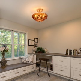 Semi Flush Mount Ceiling Light Fixture, Amber Glass 3-Light Modern Vintage Ceiling Lights, Scalloped Close to Ceiling Light, Gold Base Flush Mount Ceiling Light for Hallway Bedroom Entryway Kitchen