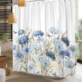 Sillsloso Teal Blue Hydrangea Shower Curtain Watercolor Flower Butterfly Plants Shower Curtain Elegant Botanical Aesthetic Waterproof Fabric Bathroom Curtain Set with Hooks 72x72 inch