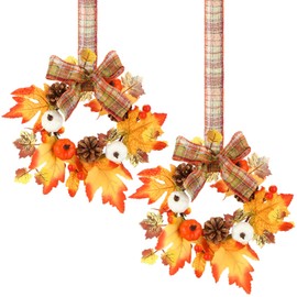 Syhood 2 Pieces 9" Mini Fall Wreath for Front Door Autumn Harvest Wreath Candle Rings Artificial Pumpkin Kitchen Cabinet Wreaths with Ribbon for Porch Wall Window Decor(Maple Leave Style)