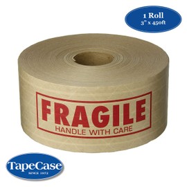 TapeCase 150KPT-2"Fragile" Printed Kraft Water Activated Tape 3" x 450' (1 Roll)