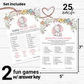 Paper Clever Party Cottage Elephant Girls Baby Shower Animal Matching and Candy Bar Match Double Sided Activity Cards 5" x 7" Pink Flowers Pack of 25