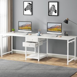 Tribesigns 79 Inch Extra Long Desk, Double Desk with 2 Drawers, Two Person Desk Long Computer Desk with Storage Shelves, Writing Table Study Desk for Home Office, White