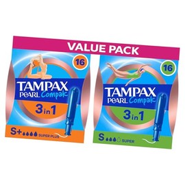Tampax Pearl Compak Super Plus and Super Tampons Bundle 32 Count (16 of Each) Compact Applicators for Comfortable, Reliable Leak Protection on Moderate to Heavy Flow