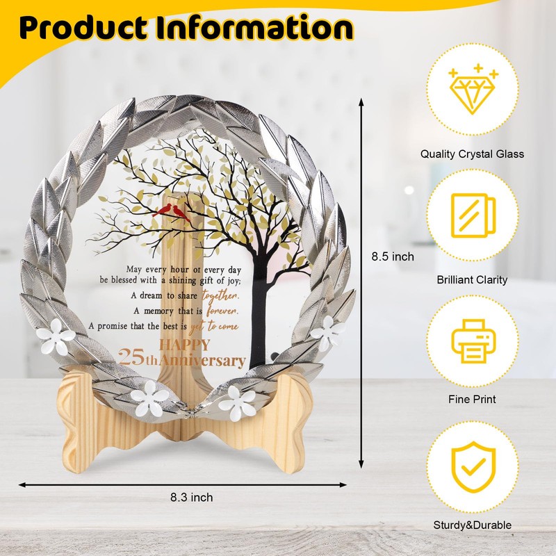 25th Anniversary Wedding Gifts Crystal Plate with Gold Leaf Wreath