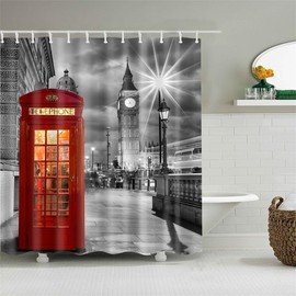 London Red Telephone Box and Big Ben Retro London City Scenry Old Street View at Night Shower Curtain, 180 x 180 cm