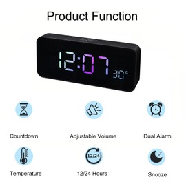 Lancoon Digital LED Alarm Clock with Countdown 3 Levels of Adjustable Volume Plug in Touch Function Temperature Dual Alarm Color Light Snooze for Bedroom Home (Black)