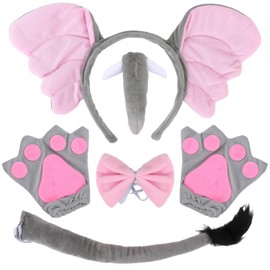 Araluky Elephant Costume Accessories Set Elephant Ears Headband, Nose, Bowtie, Tail & Paw Gloves Elephant Costume Dress Up Costumes for Play Party Carnival World Book Day, Grey