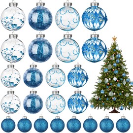Outus 24 Pcs Christmas Balls Ornaments 1.6/2.4/3.2 Inch Large and Small Clear Glitter Ball Blue Christmas Hanging Plastic Shatterproof Christmas Tree Decor for Xmas Holiday Wedding Decoration