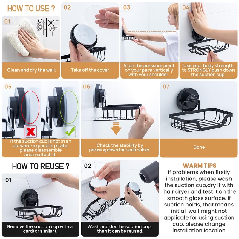 LEVERLOC Soap Dish, Soap Bar Holder for Shower Suction Cup