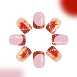 Thanksgiving Press on Nails Square Short Fake Nails Glitter French Tip Nails Press ons Glossy Glue on Nails Fall False Nails with Maple Leaf Designs Pink Stick on Nails for Women 24Pcs