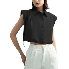 Tankaneo Womens Sleeveless Button Down Shirts Casual Loose V Neck Pad Shoulder Crop Tank Top Black