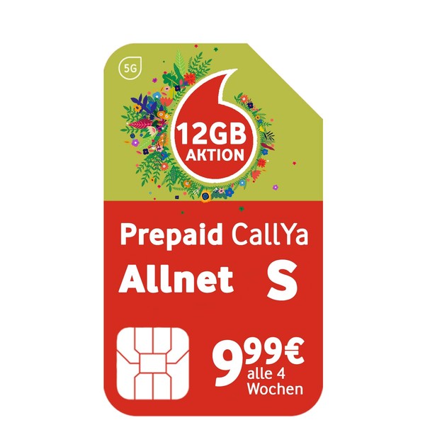 Vodafone Prepaid CallYa Allnet S, Now Even More GB - 6 GB instead of 4 GB Data Volume, 5G Network, SIM Card without Contract, 10 Euro Start Credit, Phone & SMS Flat