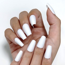 AddFavor 120pcs Press on Nails Short Coffin Full Cover Ballerina Fake Nails Acrylic Glue on Nails Set with Adhesive Tabs Nail File for Women and Girls Manicure, Matte White