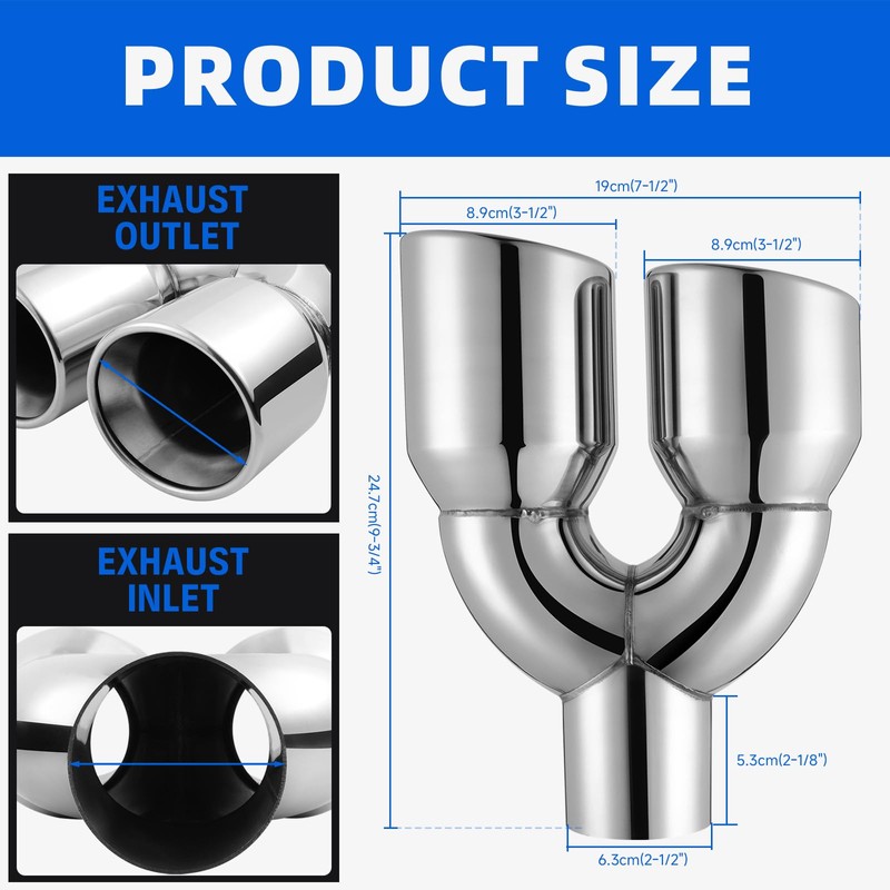 Dual Exhaust Tip,2.5" Inlet 3.5" Outlet 9.5" Length Punta De