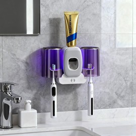 Rechargeable Toothbrush Holder,Wall Mounted Automatic Toothbrush Cleaning Tool with Toothpaste Dispenser & 2 Cups, No Drilling Bathroom Organizer for Family (White)