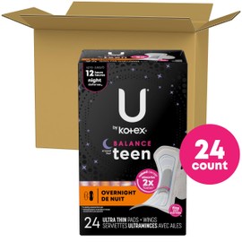 U by Kotex U by Kotex Balance Sized for Teens Ultra Thin Overnight Pads with Wings, 24 Count (Packaging May Vary)
