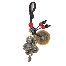 FAZOVIN Vintage Brass Lucky Snake Keychain with 5 Chinese Feng Shui Coins for Wealth Good Luck Key Ring Zodiac Snake Lucky Charm Tassel