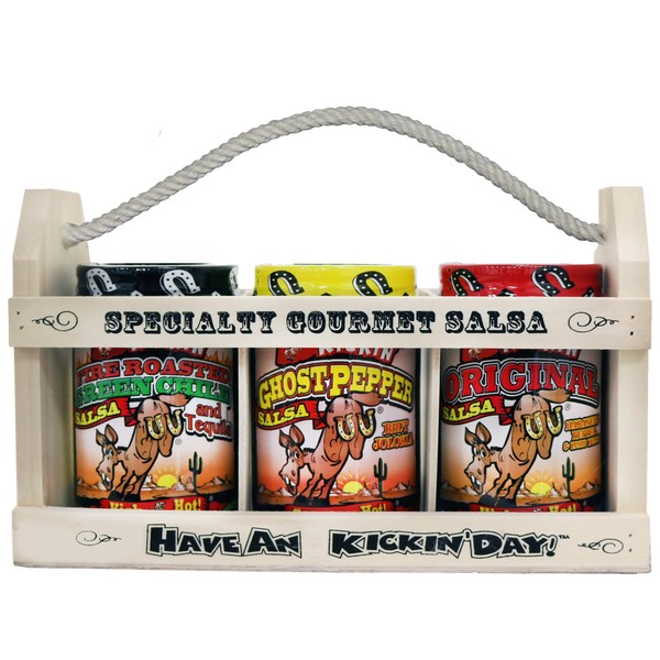 ASS KICKIN' Hot Spicy Salsa Gift Set- 3 Pack - Premium Gourmet Original Habanero, Ghost Pepper and Green Chile and Tequila Salsa for Chips, Veggies, and Breakfast Burritos – Warning - Try if You Dare!