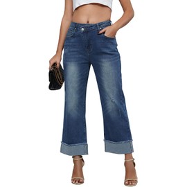 Genleck Wide Leg Cropped Jeans for Women Trendy High Waisted Crossover Boyfriend Jeans Mom Baggy Stretchy Denim (Dark Blue, XL)