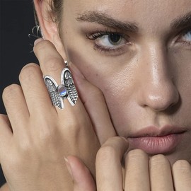 Big Large Angel Wing Moonstone Full Finger Chunky Wide Band Ring for Women,S925 Sterling Silver Retro Vintage Punk Cocktail Party Thumb Index Finger Ring Jewelry (Ring_A, 6)