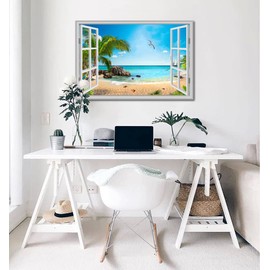 Large Beach Pictures Wall Art Canvas Print Artwork Blue Ocean Palm Tree Seascape Decor Living Room Bedroom Office with Framed 24 x36