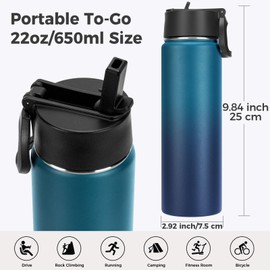 Neihepal 22 oz Insulated Kids Water Bottle with Straw Lid Bulk 2 Pack,Reusable Double Wall Vacuum Metal Thermos Keeps Cold and Hot,18/8 Stainless Steel Sports Bottles for Gym School (Assorted,2 Set)