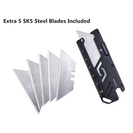 KUNSON Stainless Steel Pocket Utility Knife, Portable EDC Retractable Box Cutter for Cartons, Cardboard and Boxes, Quick-Change Blade, Safety Lock Design, Extra 5 Blades Included (Black)