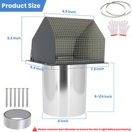 Upgraded 6 Inch Hooded Wall Vent, Outdoor Wall Exhaust Vent Cover Wall Cap with Screen & Damper for Exterior Kitchen Range Hood, Ventilation Dryer, HVAC Duct Air Exhaust, Galvanized Steel, Black