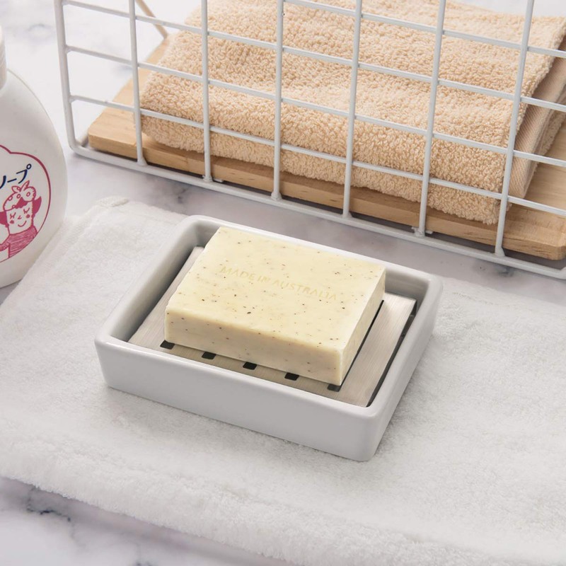 TOPSKY Ceramic Soap Dish Holder Stainless Steel for Bathroom, Double