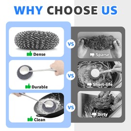 Caplbus Steel Wool Scrubber with Handle, Stainless Steel Scrubber Set, Metal Dish Scrubber with Long & Short Handle, 4 Steel Wool Replacements, Kitchen Cleaning Supplies (Set + 4 Steel Wool)