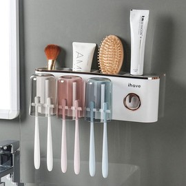 Toothbrush Holders Bathroom Accessories with Tootaste Dispenser, 2 Cups Toothbrush Holder Wall Mounted Bathroom Decor - Colour: White 3 Cups