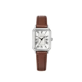ALCENTIS Women's Rectangular Watch, White Dial, Roman Numerals, Leather Strap, Silver Chrome Case, Brown Strap - Chrome Case, Stylish