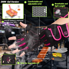 MOREOK Workout Gloves Padded Weight Lifting Gloves for Men/Women, [3MM Gel] Fingerless Grip Gym Gloves Fitness Gloves Pink-L