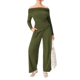 CIDER Two Piece Sets for Women Fall Outfits Off the Shoulder Tops Long Sleeve Asymmetrical Wide Leg Pants Set Casual