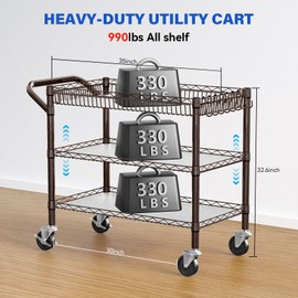 YNN Rolling Carts with Wheels, 3 Tier Rolling Cart with 990lbs Capacity 3 Heavy Duty NSF Kitchen Cart Chrome Trolley Carts & Wire Shelving & Bar-Storage Carts for Kitchen, Office, Outdoor,Serving