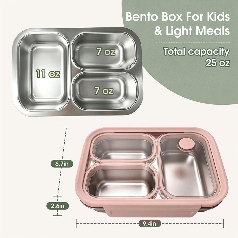 Kids Adults Stainless Steel Bento Box, 3-Compartment Metal Lunch Box