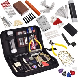 74 PCS Guitar Tool Kit with Carry Bag, Repair Maintenance Tools String Action Ruler Guitar Bridge Pins Strings Picks for Guitar Ukulele Bass Banjo, String Instrument Accessories